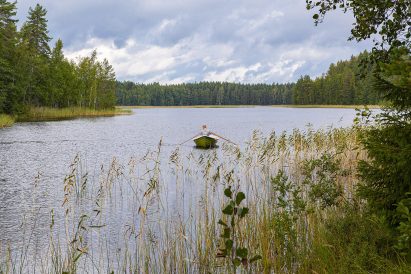 View of the lakeshore to Lake Ylinen Rautjärvi, whose private beach is within walking distance from Evo Grand Villa for the guests of the villa.