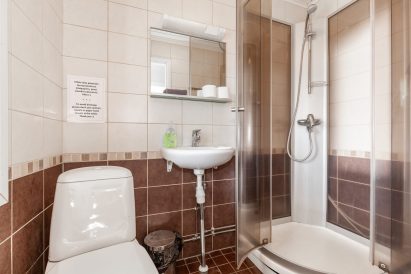 A combined toilet and washing room of Aulanko Lakeside's Small Villa.
