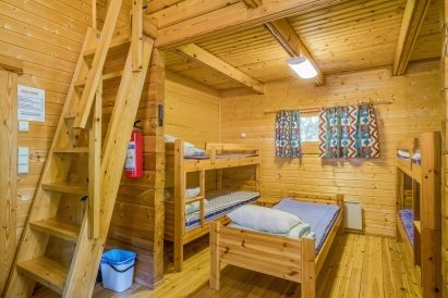The downstairs sleeping area of Evo Syväjärvi's accommodation cabin. Both cabins are decorated in the same way.