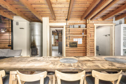 There is direct access from the main hall of Evo Wilderness Villa to the restroom hallway, the downstairs corner room, and the indoor sauna.
