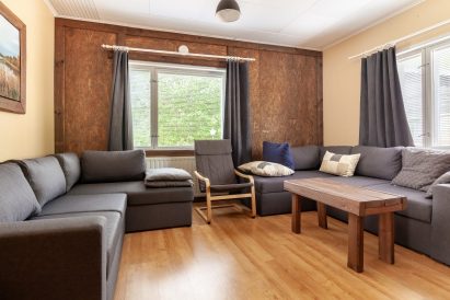 The end window of the living room of Evo Lakeside Villa, part of Evo Twin, offers a view of Lake Kaitalammi.